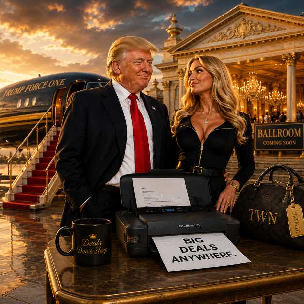 Satirical Traveling With Natalie illustration with presidential aircraft, portable printer and ballroom backdrop